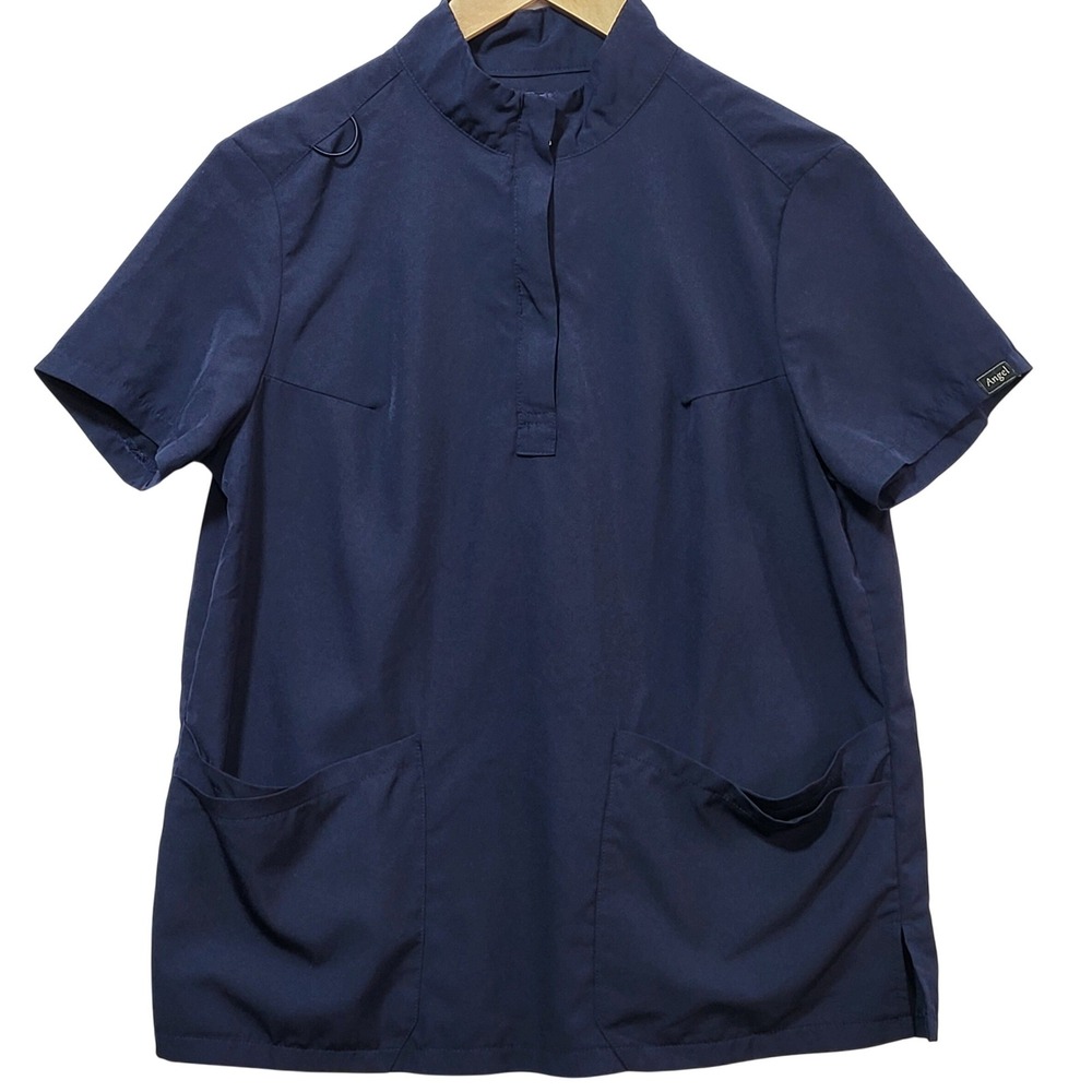Angel Womens Navy Blue Mock Neck Zip Front Medical Scrub Top Size M ID Loop